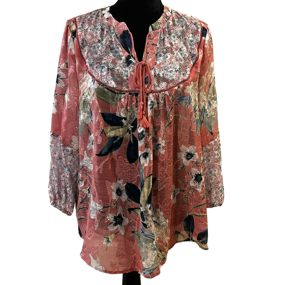 Cupio Pink Floral XL Embellished Polyester Top 3/4 Sleeves with Tie Tassels
